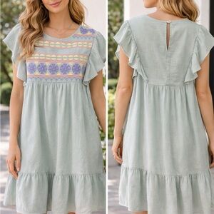 Blu Pepper Sage Green Embroidered Flutter Mini Dress